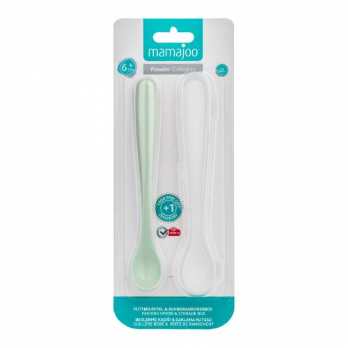 Set Linguri hranire, verde praf / alb si cutie de depozitare transparenta, 1 bucata, Mamajoo