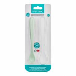 Set Linguri hranire, verde praf / alb si cutie de depozitare transparenta, 1 bucata, Mamajoo