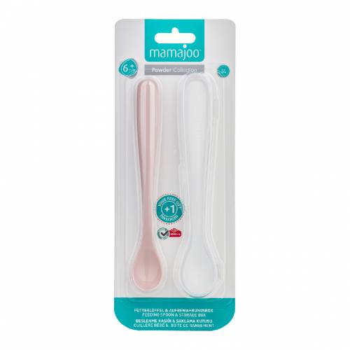 Set Linguri hranire, roz pudrat / alb si cutie de depozitare transparenta, 1 bucata, Mamajoo