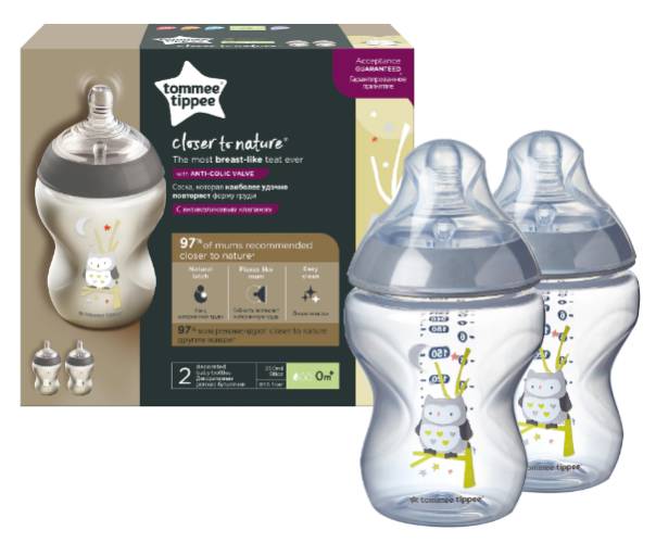 Set biberoane Closer to Nature Bufnita 0+ luni, 2 x 260ml, Tommee Tippee