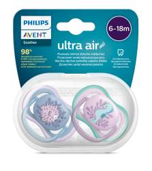 Suzete Ultra Air SCF085/61 pentru 6-18 luni Mov/Albastru, 2 bucati, Philips Avent
