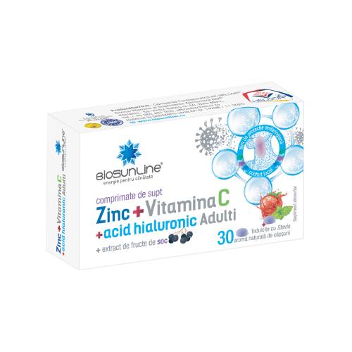 Zinc + Vitamina C + Acid Hialuronic pentru adulti, 30 comprimate de supt, BioSunLine