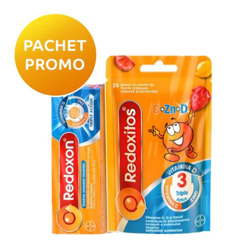 Pachet Redoxon Triple Action, 10 comprimate + Jeleuri Redoxitos Triple Action, 25 bucati, Bayer