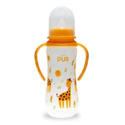 Biberon cu desen si manere, galben, +6 luni, 250ml, PUR