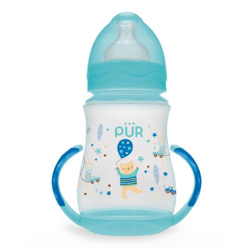 Biberon cu gura larga, desen si manere, verde, +6luni, 250ml, PUR