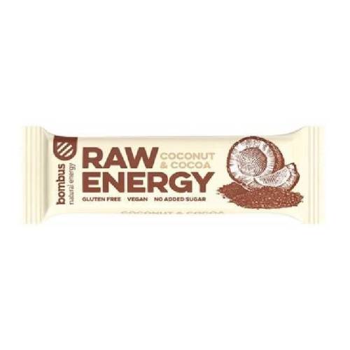 Baton energizant Raw Energy cu nuca de cocos si cacao, 50 g, Bombus