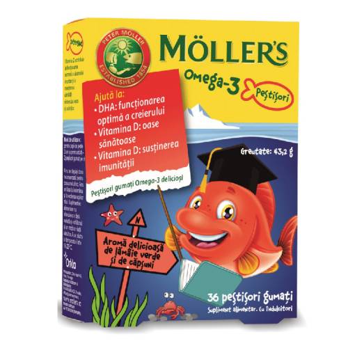 Pestisori gumati cu Omega-3 aroma capsuni, 36 jeleuri, Moller's