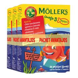Pachet 3 bucati * Moller s Omega-3, 36 pestisori gumati aroma capsuni