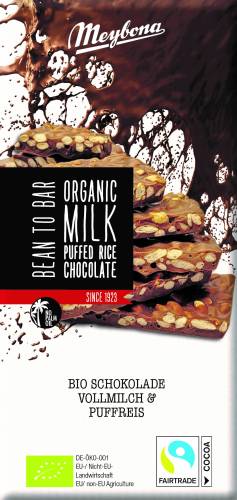 Ciocolata cu lapte si orez expandat, eco-bio, 70 g, Meybona
