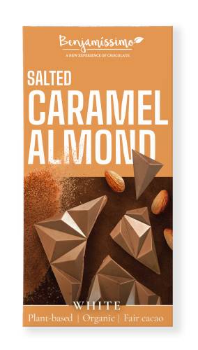 Ciocolata alba cu migdale si caramel sarat, eco-bio, 60g, Benjamissimo