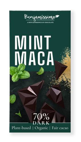 Ciocolata neagra 70% cacao, cu menta si maca, eco-bio, 60g, Benjamissimo
