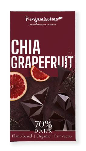 Ciocolata neagra 70% cu chia si grapefruit, eco-bio, 60g, Benjamissimo