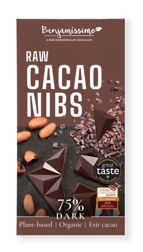 Ciocolata neagra 75% cu cacao nibs, eco-bio, 60g, Benjamissimo