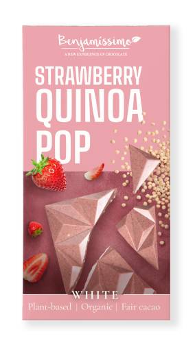 Ciocolata alba cu capsuni si quinoa, eco-bio, 60g, Benjamissimo