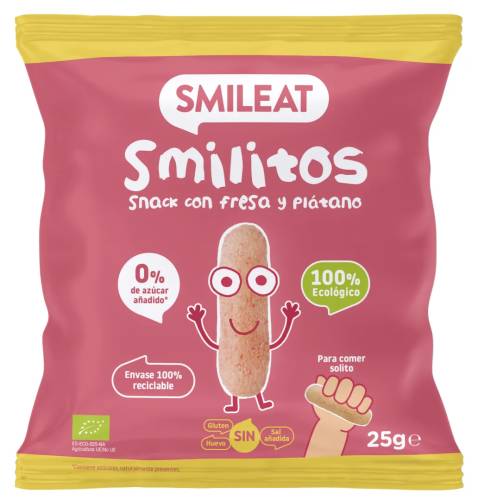 Pufuleti Smilitos cu ulei de masline & banane si capsuni +6 luni Bio, 25g, Smileat