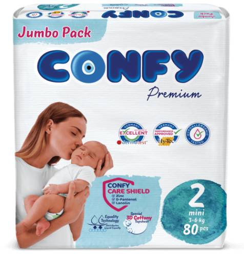 Scutece pentru copii Jumbo Premium Mini Nr.2 pentru 3 – 6Kg, 80 bucati, Confy