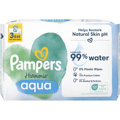 Pachet Servetele umede Harmonie Aqua 0% plastic, 144 bucati, Pampers