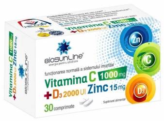 Vitamina C 1000mg + vitamina D3 2000UI + zinc 15mg - 30 comprimate Helcor