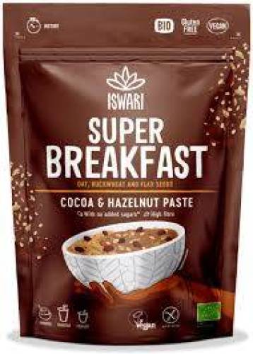 Mic dejun cu ovaz, cacao si crema de alune padure, fara zahar, eco-bio, 360 g, Iswari
