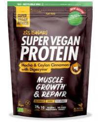 Pulbere proteica cu mocha si scortisoara Ceylon cu DigenZyme, dupa efort, Super Vegan Protein, eco-bio, 400 g, Iswari