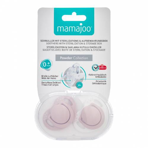 Suzete ortodontice roz pudrat, cutie sterilizare si depozitare 0m+, MMJ4616, Mamajoo