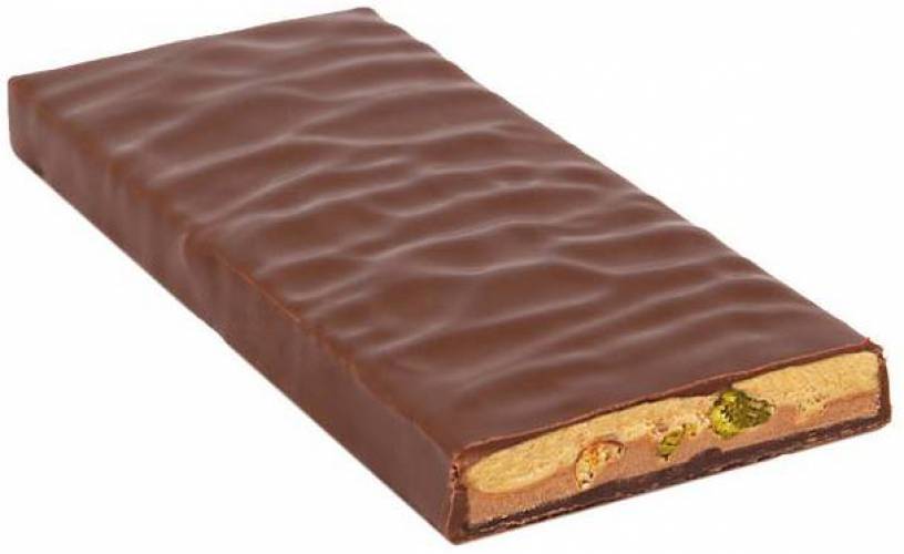 Ciocolata neagra cu lapte 60% cacao umpluta cu nuga alba, fistic si alune de padure, 70g - Zotter