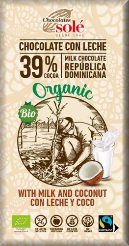 Ciocolata cu lapte si cocos fairtrade Eco-Bio 100g - Sole
