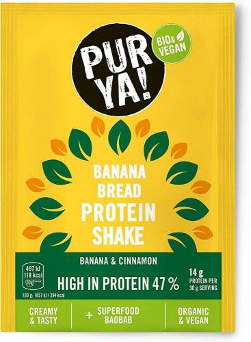 Pulbere pentru shake proteic cu banane si scortisoara, 47% proteina, eco-bio,30g Pur Ya