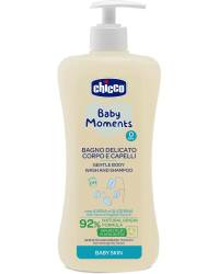 Gel de dus si sampon 2 in 1 fara lacrimi Baby Moments Baby Skin 0 luni +, 500ml, Chicco