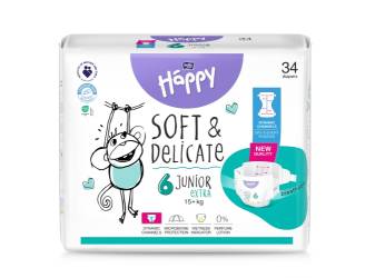 Scutece Happy Soft & Delicate 15+ kg Marimea 6 Junior Extra, 34 bucati, Bella Baby