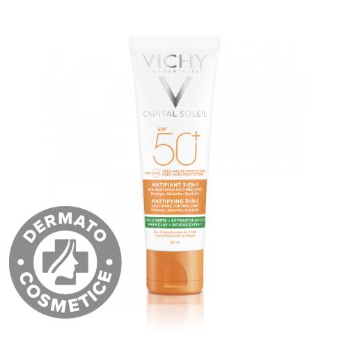 Crema matifianta 3in1 cu protectie solara SPF 50+ pentru fata cu efect anti-stralucire pentru ten gras-mixt Capital Soleil, 50ml, Vichy