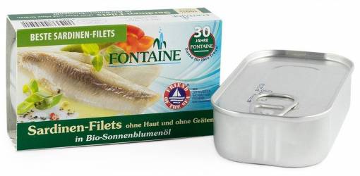 Sardine fara piele si fara oase, in ulei de floarea soarelui, eco-bio, 120g - Fontaine