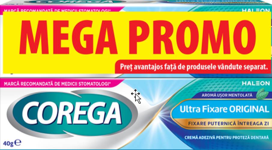 Pachet Crema adeziva pentru proteza ultra fixare Original+ 75% reducere la al doilea produs, 2 x 40g, Corega