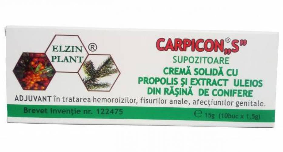 Carpicon "S" - supozitoare cu propolis si extract  uleios din rasina de conifere 15g 10buc x 1.5g - ELZIN PLANT