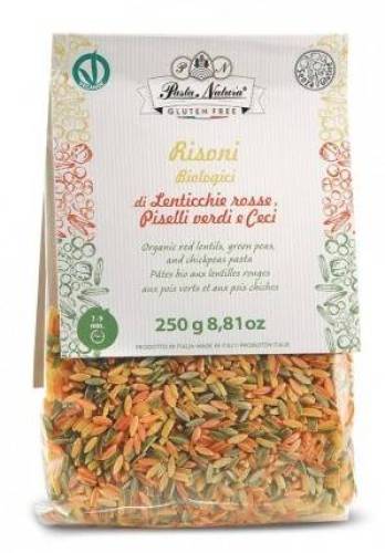 Paste Risoni tricolore cu mazare, linte si naut, 250 g, Pasta Natura