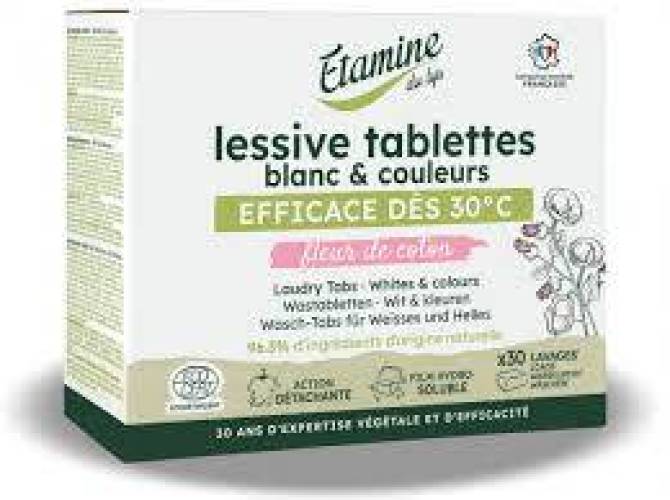 Tablete ecologice pentru rufe albe si colorate, parfum flori de bumbac, 30 tablete, Etamine du Lys