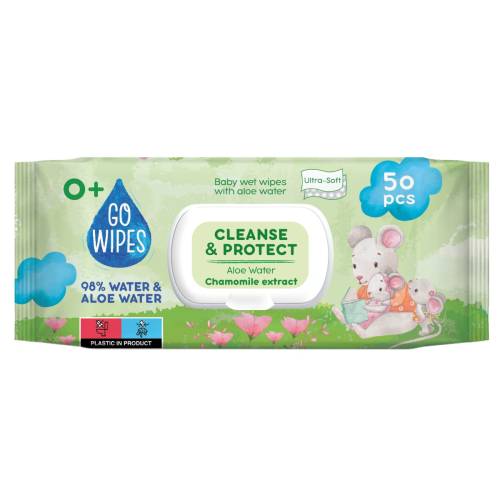 Servetele umede pentru copii cu apa de aloe si lapte de migdale, 50 bucati, Go Wipes