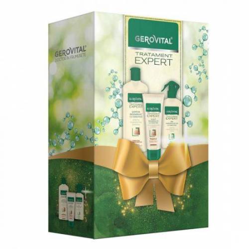 Set cadou sampon regenerant 250ml, masca regeneranta, 150ml si ser termoprotector 150ml - Gerovital Tratament Expert