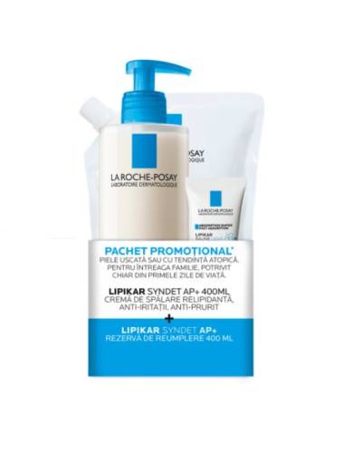 La Roche Posay Lipikar Syndet AP+ Crema de spalare 400 ml + Rezerva 400 ml + Lipikar Baume Light AP+M Balsam 15 ml