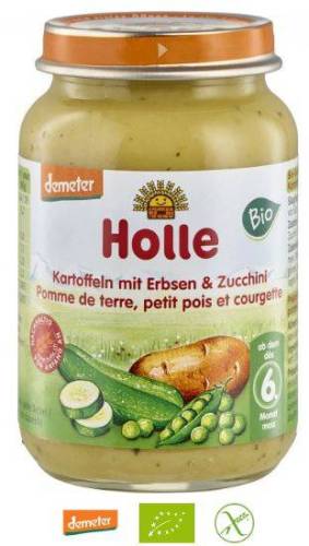 Piure din mazare si dovlecei pentru copii, fara gluten, +6 luni, Eco-Bio 190g -  Holle