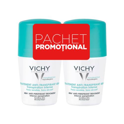 Pachet Deodorant roll-on antiperspirant cu parfum 48h, 50 ml + 50 ml, Vichy