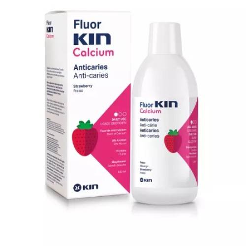 Apa de gura pentru copii cu aroma de capsuni Fluor Kin Calcium, 500 ml, Laboratorios Kin