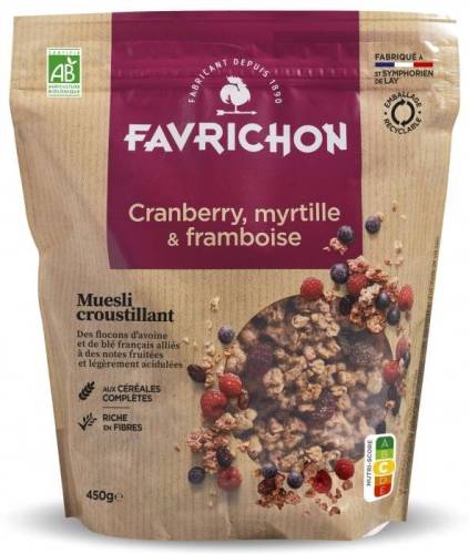 Musli crocant cu merisor, afine si zmeura, eco-bio, 450 g, Favrichon