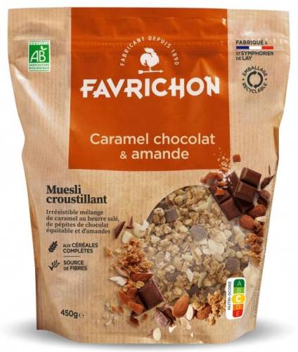 Musli crocant cu caramel, ciocolata si migdale, eco-bio, 450 g, Favrichon