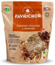 Musli crocant cu caramel, ciocolata si migdale, eco-bio, 450 g, Favrichon