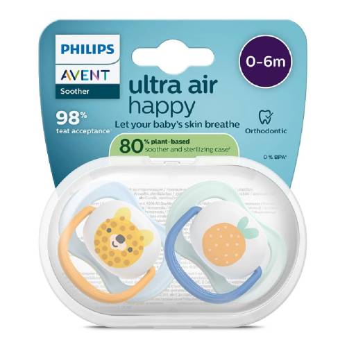 Suzete Ultra Air, 0-6 luni, SCF080/23, Ursulet/Portocala, 2 bucati, Philips Avent