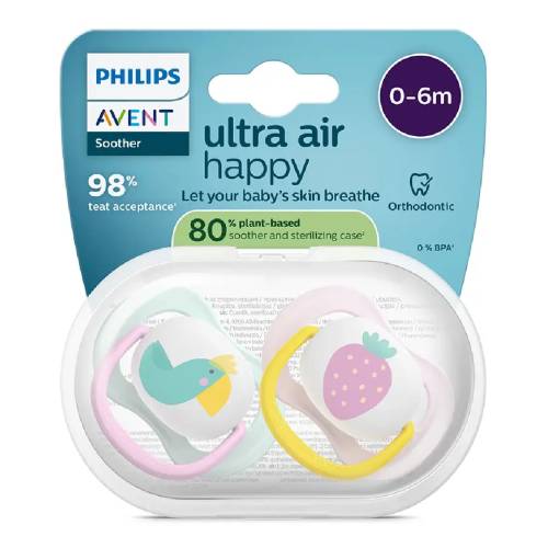 Suzete Ultra Air, 0-6 luni, SCF080/24, Papagal/Capsuna, 2 bucati, Philips Avent