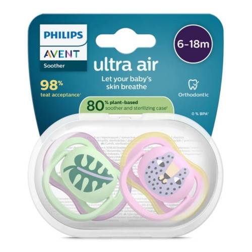 Suzete Ultra Air, 6-18 luni, SCF087/13, Pisica/Frunza, 2 bucati, Philips Avent