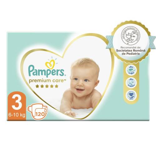 Scutece Premium Care Mega Box marimea 3 pentru 6-10kg, 120 bucati, Pampers