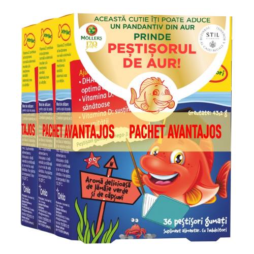 Pachet Pestisori gumati cu Omega-3 si aroma de capsuni, 3*36 jeleuri, Moller's